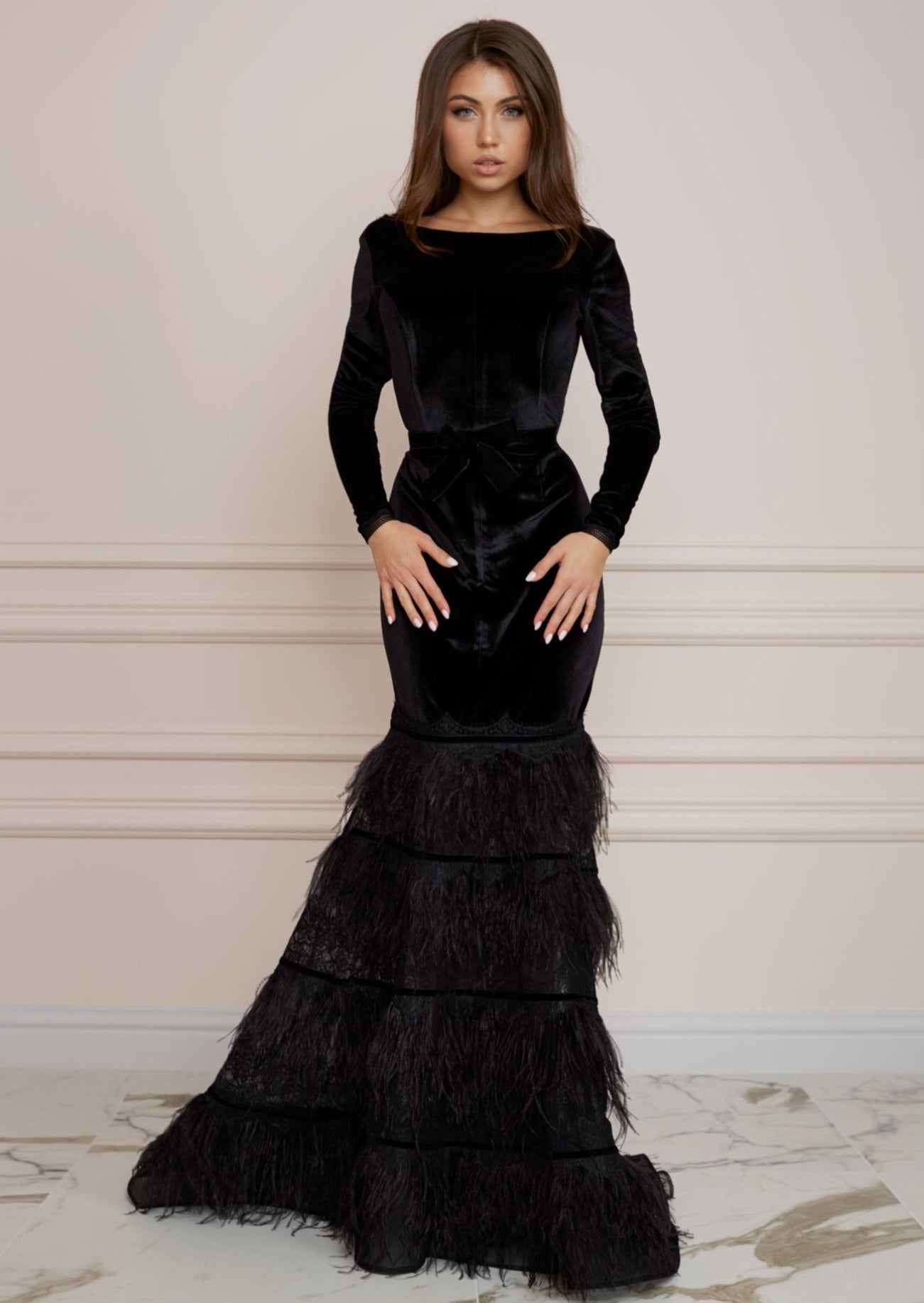 Formal Long Black Velvet Dress With Polka Dot Long Sleeves #J1559 -  GemGrace.com